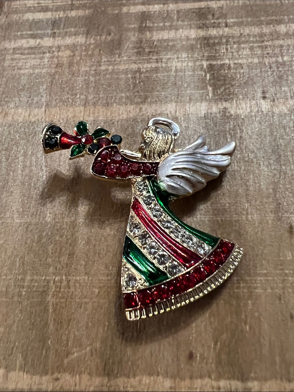 3/$18 Gold-Tone Red & Green Angel Brooch - Holiday Crystal Pin Lot 6075